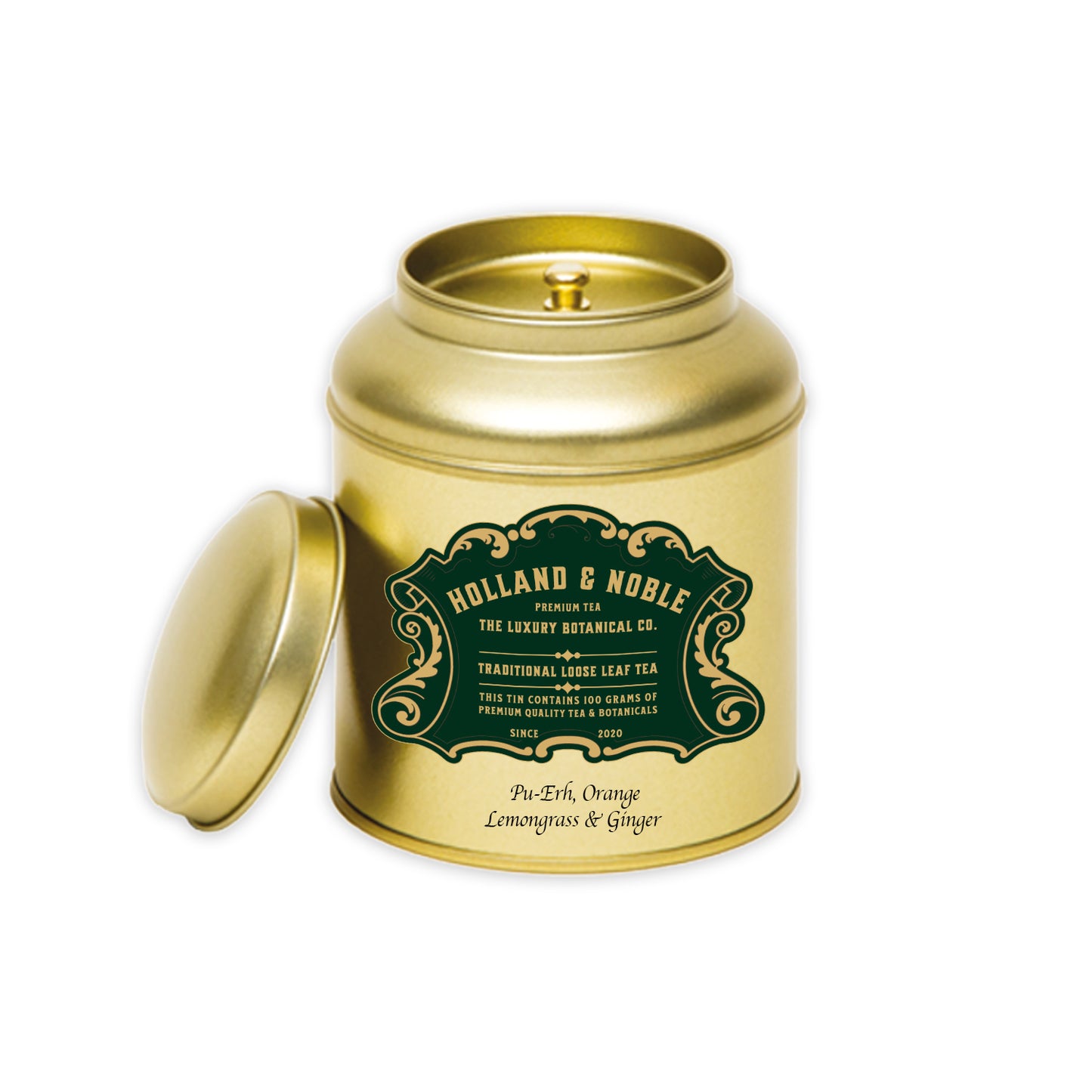 Holland & Noble's Pu-Erh, Citrus, Lemongrass & Ginger. 100gr exclusieve thee in luxe theeblik