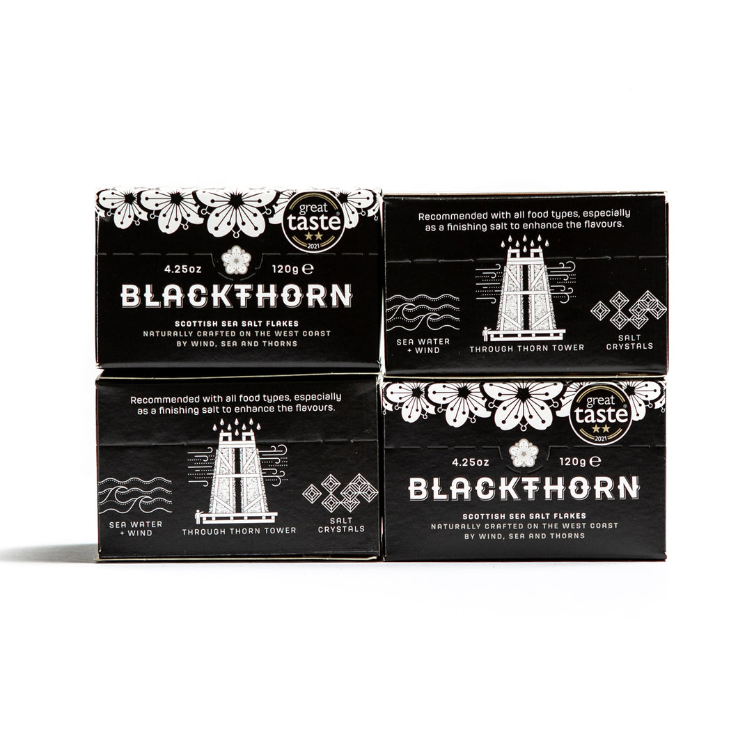 Blackthorn Schotse Gourmet Zeezoutvlokken 480rg | Scottish Sea Salt Flakes | Natuurlijk Zout | Natuurlijk en Ongeraffineerd | Duurzame Productie | Mineraalrijk Veganistisch | Culinair zeezout 4x120gr